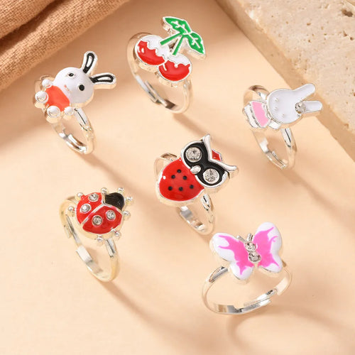 Adjustable Children's Fashion Rings 6PCS Set Animal And Fruit Themed Eco-friendly Buckle Design Alloy Cartoon Style For Kids