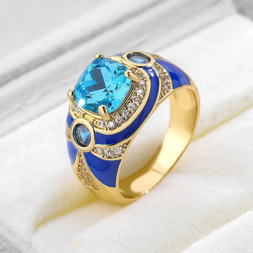 Vintage Style Enamel Drip Glue 8.0mm Square Stone Ring Retro Peacock Factory Goods Geometric Pattern Copper Jewelry For Men And Women