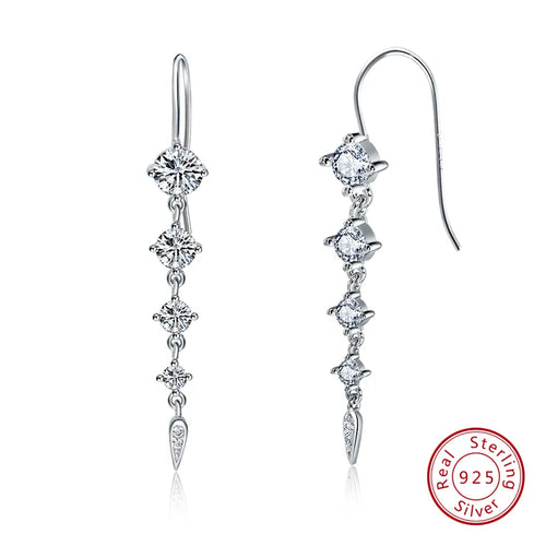 1 Pair 925 Sterling Silver Zircon Tassel Drop Earrings