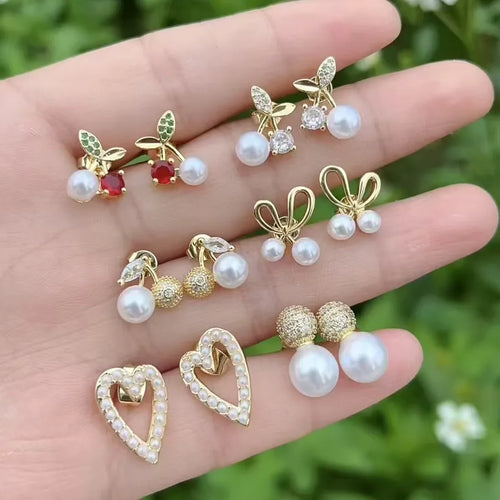 1 Pair/Package IG Style Casual Sweet Cherry Heart Shape Bow Knot Inlay Copper Acrylic Pearl Zircon 18K Gold Plated Ear Studs