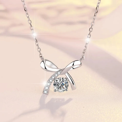 925 Sterling Silver Moissanite Zircon GRA Plating Bow Knot Pendant Necklace