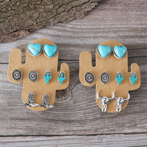 1 Set Cowboy Style Classic Style Cactus Heart Shape Boots Plating Inlay Zinc alloy Turquoise Ear Studs