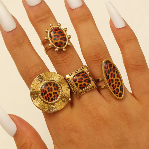 Geometric Open Ring For Women Stainless Steel 18K Gold Plated Fashion Retro Trend Index Finger Ring Leopard Pattern Jewelry