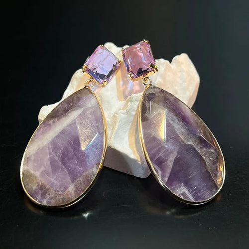 Natural Cut Raw Amethyst Simple Style Exaggerated Earrings Set with Zircon for Women
