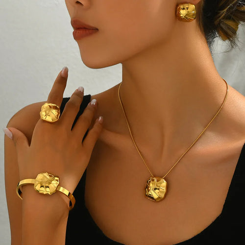 Wholesale Jewelry Elegant Luxurious French Style Geometric 201 Stainless Steel 18K Gold Plated Jewelry Set