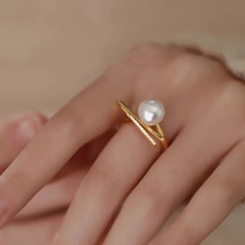 Adjustable Open Ring For Women Natural Freshwater Pearl Balance Beam Ring Simple Fashion New Style Cool Personalized Accessory