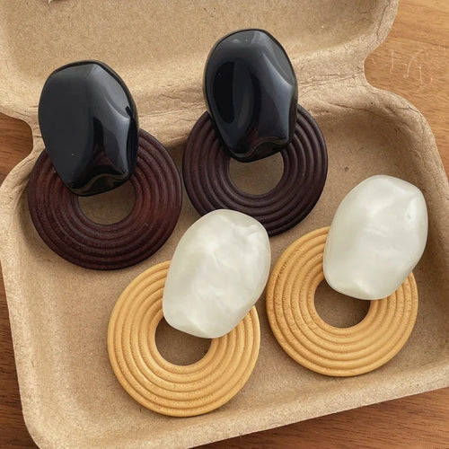 Irregular Hoop Earrings for Women in Contrasting Colors, Wood and Resin Inlay, Featuring Metal Ear Pins