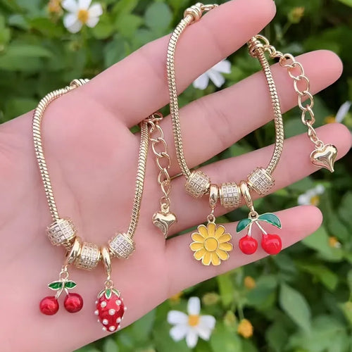 Wholesale Jewelry Casual Simple Style Cherry Flower Strawberry Copper Acrylic Pearl Zircon 18K Gold Plated Polishing Enamel Inlay Multi Charms Bracelet snake chain