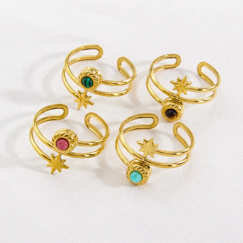 304 Stainless Steel 14K Gold Plated Commute Plating Inlay Geometric Natural Stone Open Rings