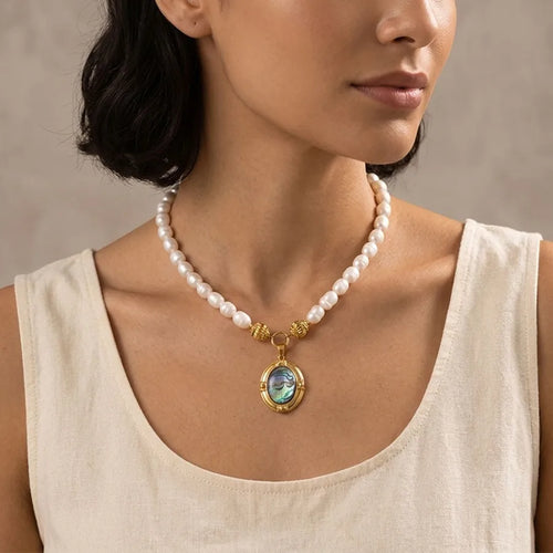 Vintage Style Oval Pendant Necklace for Women in Gold 304 Stainless Steel with Freshwater Pearl and Beaded Chain