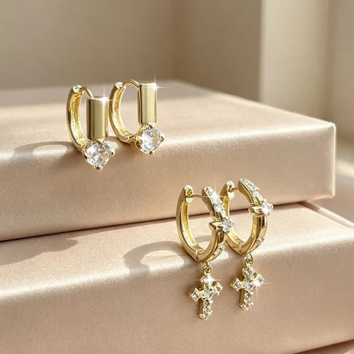 Golden Plated Brass Geometric Earrings for Women, Handmade and Featuring Zircon Inlay
