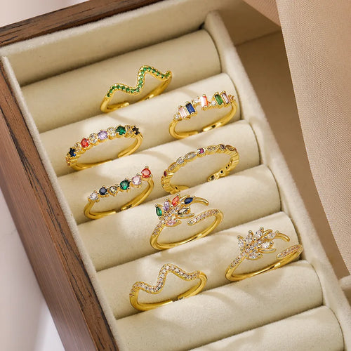 simple style leaves copper plating inlay zircon 18k gold plated open rings