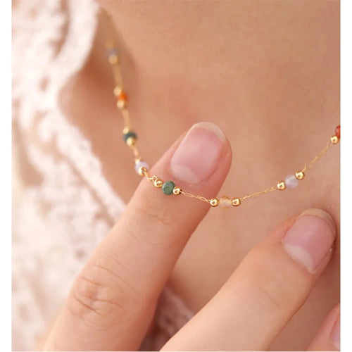Asymmetrical Round Necklace for Women in Copper Plated Zinc Alloy with Natural Stone Inlay and Cable Chain