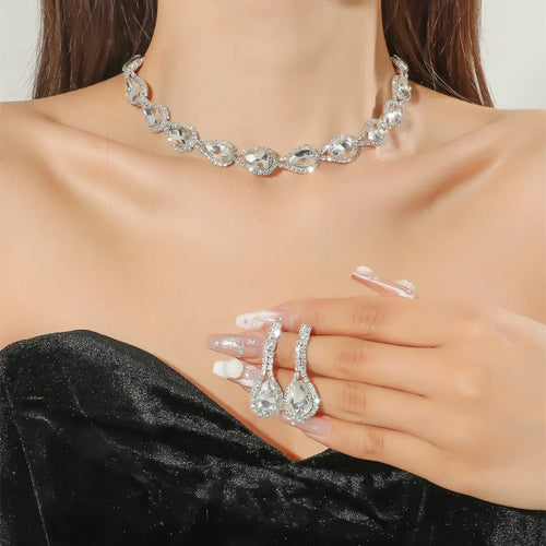 fashion water drop rhinestone earrings necklace set dress banquet accessories