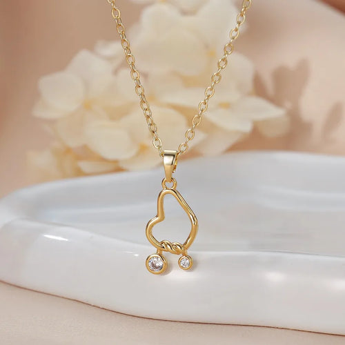 Heart Shape Pendant Necklace for Couples with Copper Chain and Copper Pendant Electroplated Featuring Zircon Inlay