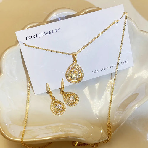 Light Luxury Water Drop Pear-shaped Pendant Earrings Double-layer Hollow Inlaid Zircon Jewelry Set Necklace Earrings Copper Plated Imitation Gold Plated Platinum