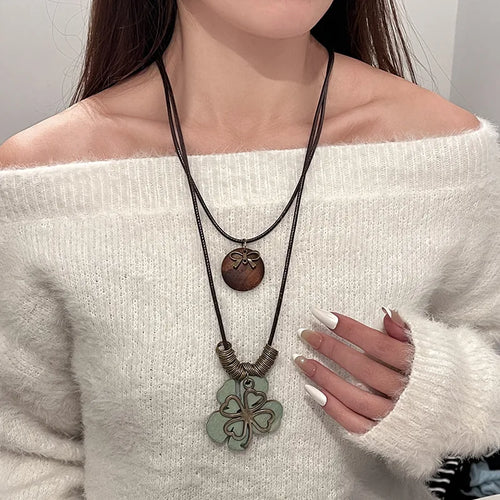 Bohemian Leaf Necklace New Chinese Style Retro Layered Sweater Chain Accessory Unique Wooden Zinc Alloy