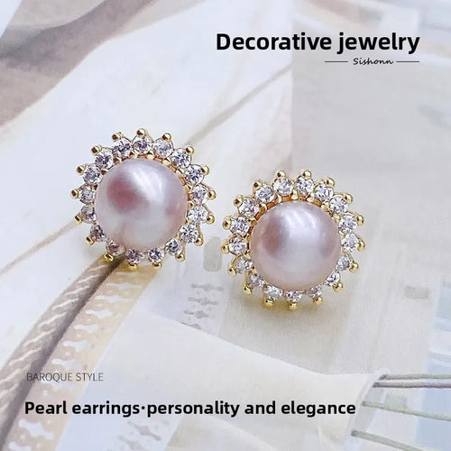 Natural Freshwater Pearl Earrings Elegant Sunflower Women's Hong Kong Style Luxury Sparkling Zircon Real Pearl Jewelry