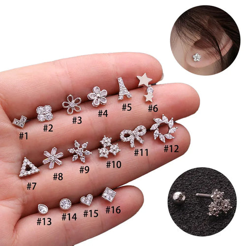 1.2x6 Mm Stainless Steel Screw Earrings Floral Design Suitable for Sleeping Ear Cartilage Earrings Micro Pave Zirconia Ear Jewelry