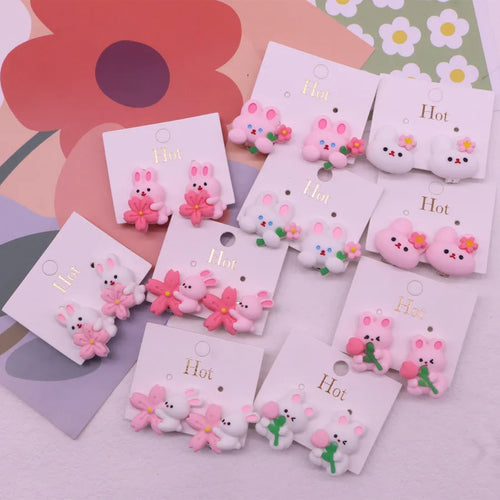 Adorable Rabbit Flower Children's Cartoon Fake Earrings Anti-Pain Ear Clips Girls' Jewelry Ear Accessories Resin Animal Zodiac