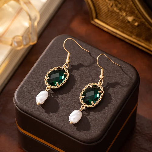 Elegant Long Green Crystal Glass Pearl Earrings Baroque Style Luxury Feelings Court Fashion Jewelry