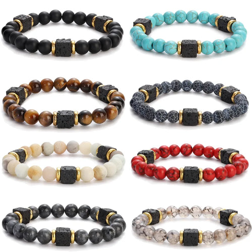 New Lava Cube Volcanic Stone Bracelet Men's Colorful Marble Glass Beads Retro Bracelet