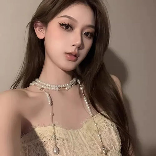 Midnight Party Pearl Necklace Elegant Pearl Tassel Clavicle Chain Necklace Twin High-Grade Tassel Necklace