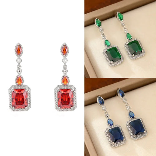 1 Pair Cute Shiny Square Copper Artificial Gemstones Drop Earrings