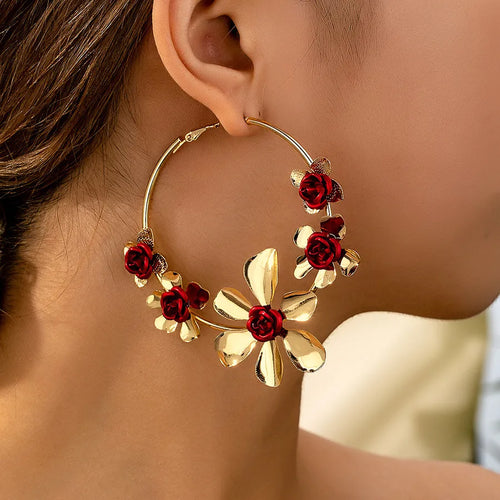 Geometric Floral Round Earrings Vintage Alloy Jewelry Stainless Steel Ear Posts Suitable for Women