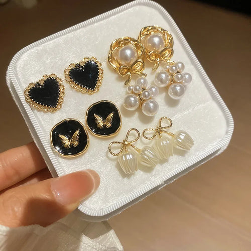 Retro Bow Tie Stud Earrings for Women with Golden Enamel and Imitation Pearl, Featuring 304 Stainless Steel Posts