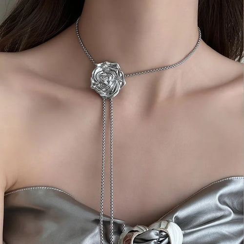 Rose Pattern Necklace for Women with Metal Pendant and Electroplated Finish Featuring Adjustable Slider Chain