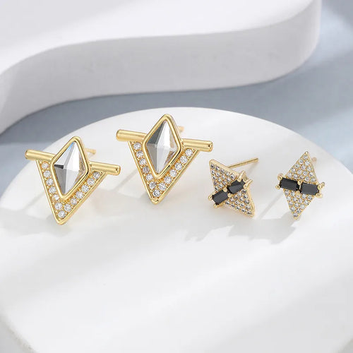 Asymmetrical Rhombus Stud Earrings for Women with 925 Sterling Silver Posts, Electroplated Copper and Zircon Inlay