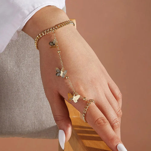 Handmade Butterfly Bracelet for Women in Golden Plated Iron with Electroplated Finish and Regular Chain