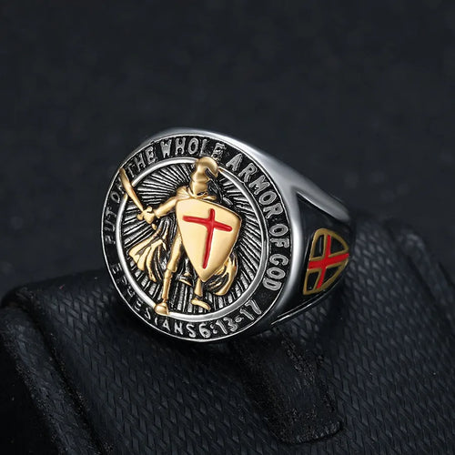 Men's Gold Cross Ring in 304 Stainless Steel with Electroplated Finish, Perfect for Spring