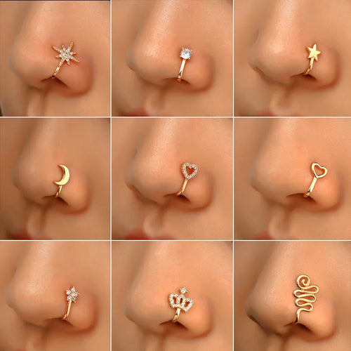 Non-Pierced U-Shaped Copper Nose Ring With Embedded Zirconia Stones Vintage Style Crown Heart Star Fake Nose Jewelry For Women