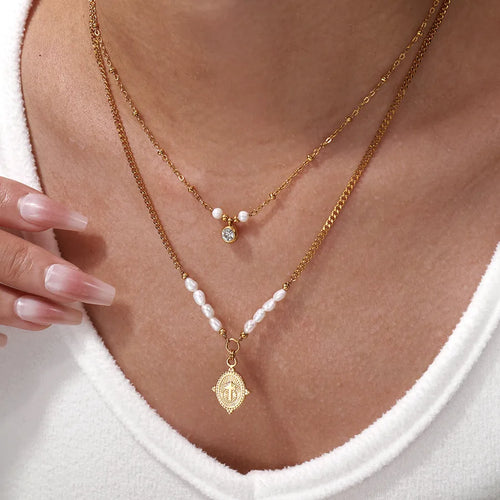 French Style Double Layer Necklace Featuring 3-4mm Baroque Freshwater Pearls