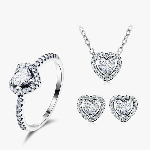 925 Sterling Silver Plating Inlay Heart Shape Zircon Rings Earrings Necklace