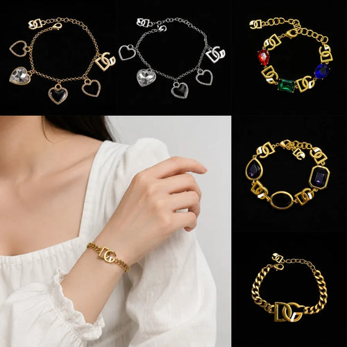 Heart Shape Brass Bracelet for Women with Zircon Inlay, Electroplated and Golden Plated Finish