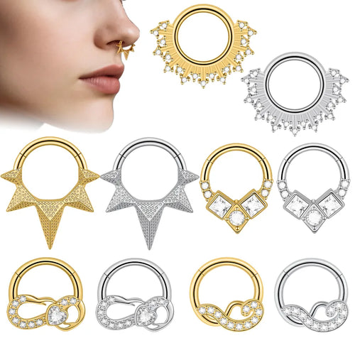 Trendy 316 Stainless Steel Heart-shaped Square Surround Nose Hoop Ear Cartilage Hoop Earrings Pointed Cone Split Ring Zircon Vacuum Plating 18K Gold Plated Round Women