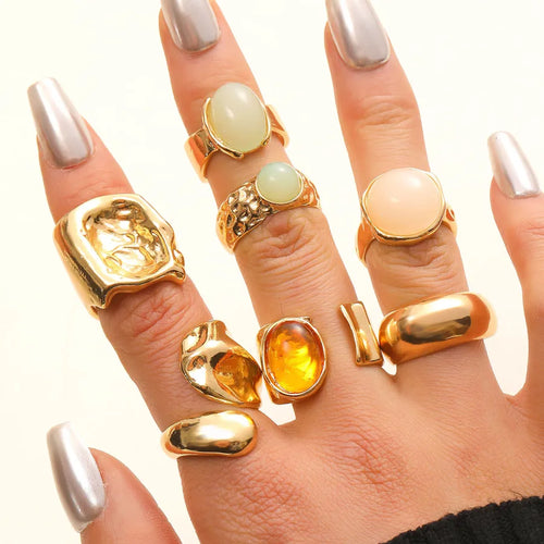 For Women Irregular Wide Band Ring in Golden Zinc Alloy Featuring Moonstone Inlay