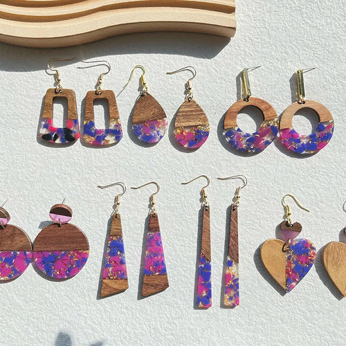 1 pair classical classic style water droplets heart shape printing wood resin 14k gold plated drop earrings