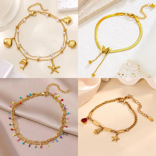Women's Marine Style Beading Anklet with Heart Shape, 18K Real Gold Plated 304 Stainless Steel and Zircon Inlay