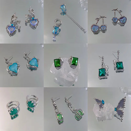 Blue Green Ear Jewelry Collection~ Personality Earrings Unique Design High-End Cold Style Fashionable New Trending Ear Accessories