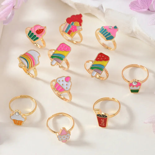 New Children's Eco-friendly Zinc Alloy Open Ring Vibrant Colors Novel Style Children's Jewelry Gift Princess Style Ice Cream Pattern