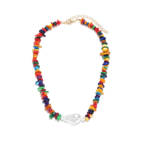 Handmade Pearl Necklace for Women with Imitation Pearl Pendant and Beaded Chain featuring Natural Stone Inlay