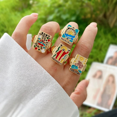 Unisex Astrology Copper Ring with Enamel Craft in Colour