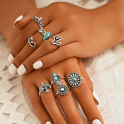 New Combined Ring Set Retro Personalized Turquoise Cactus Flower 8 Pieces Suit Jewelry Factory Direct Sales