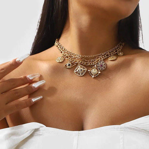 vintage style simple style color block alloy inlay rhinestones women's layered necklaces