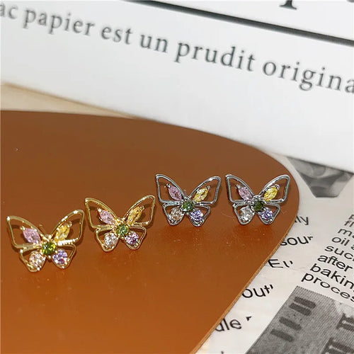 Elegant Butterfly Shaped Diamond Stud Earrings For Women S925 Silver Needle Hollow Craft Fine Small Ear Jewelry Accessories