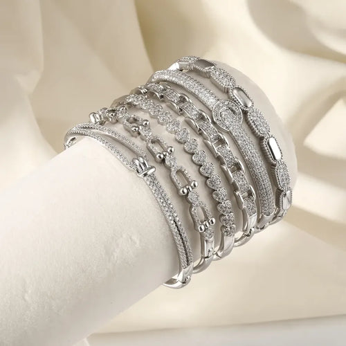 Round Micro-Paved Bangle for Women in Brass with White K Water Plating and Zircon Inlay